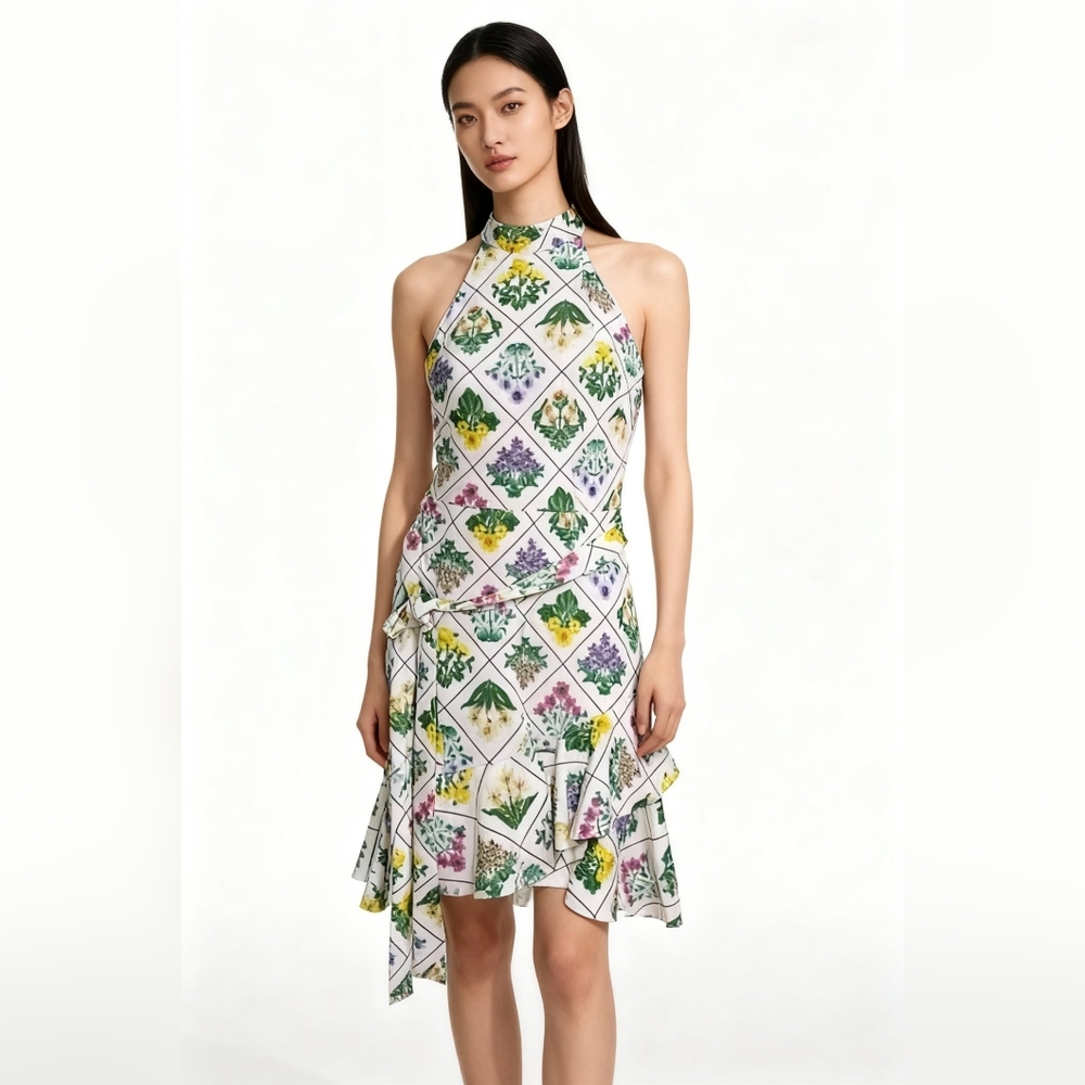 Melonie T Ivory Multi Floral Halter Dress With Ruffle Hem Womens Size 12 New Wit